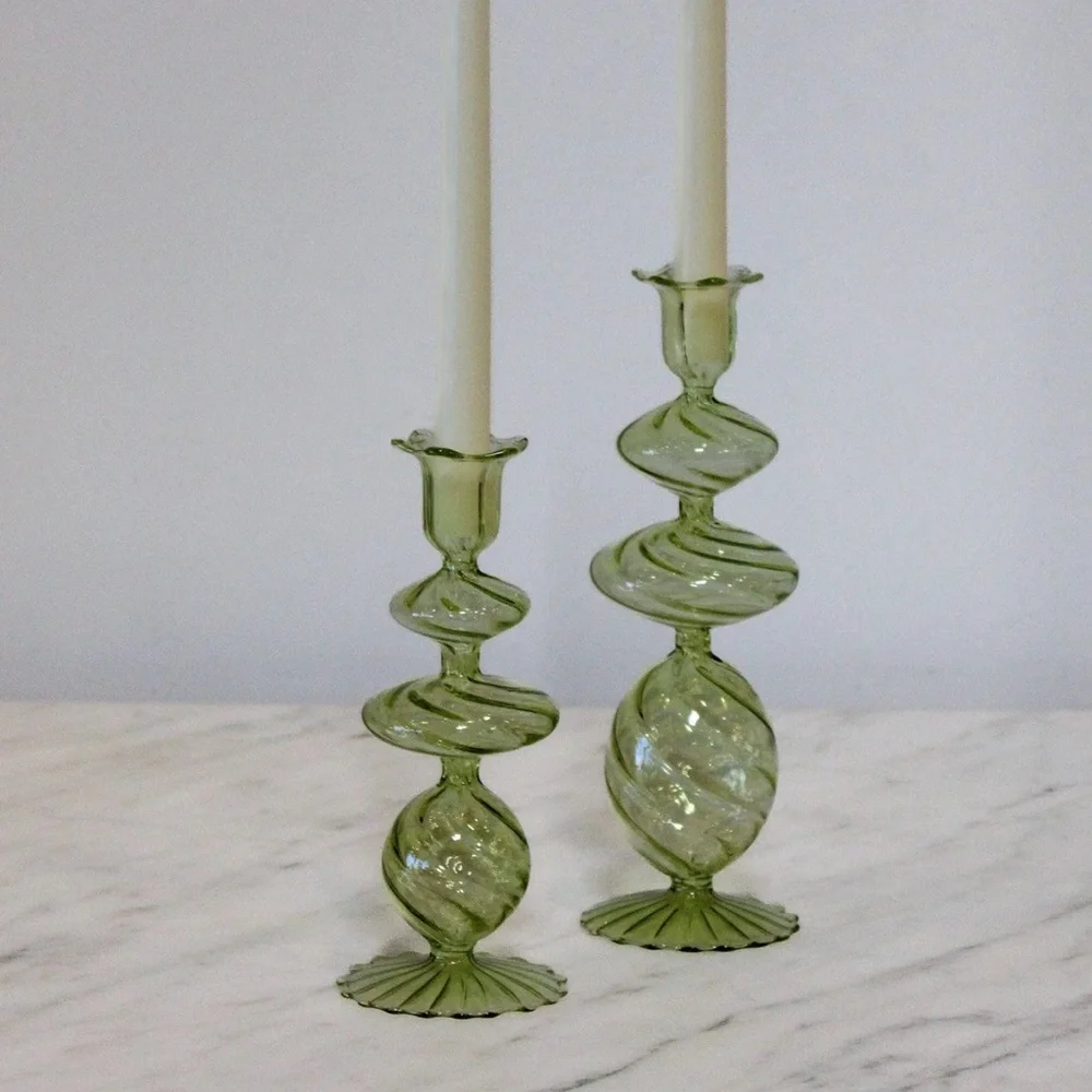 Green Swirl Glass Candlestick, Medium, Set of 2